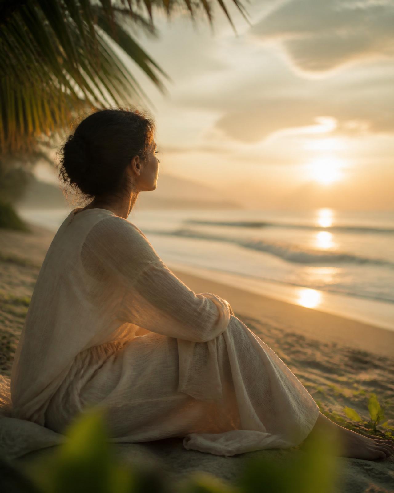 A woman sitting in quiet reflection on a Vietnam beach at sunrise, gazing at the calm ocean