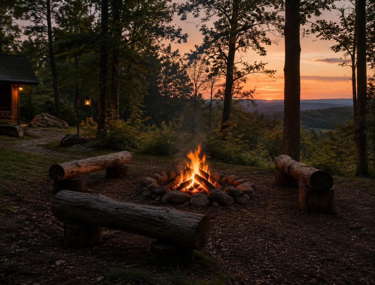 A small bonfire ringed by log benches in a forest clearing at dusk