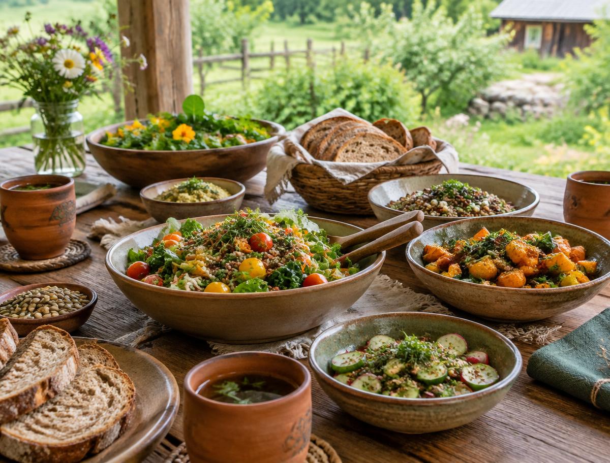 A wholesome shared vegetarian meal laid out on a rustic wooden table
