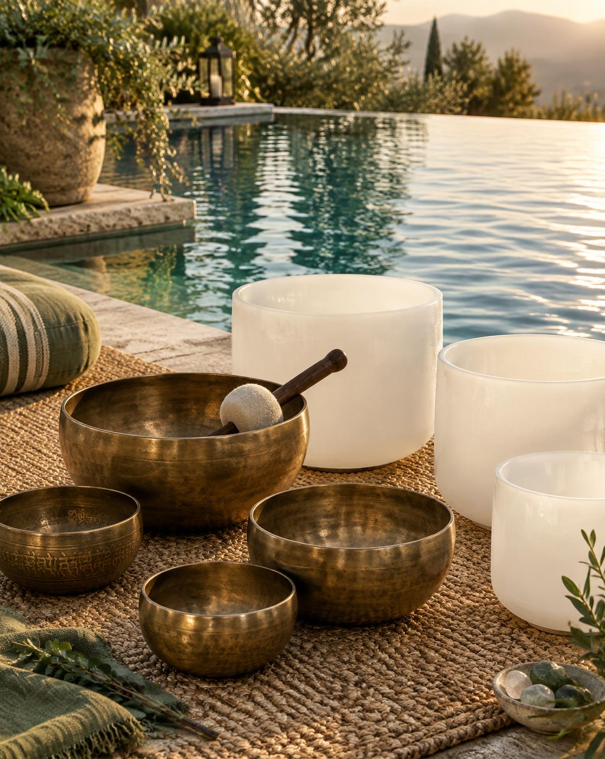 Singing bowls and crystal sound bowls arranged beside the pool at golden hour
